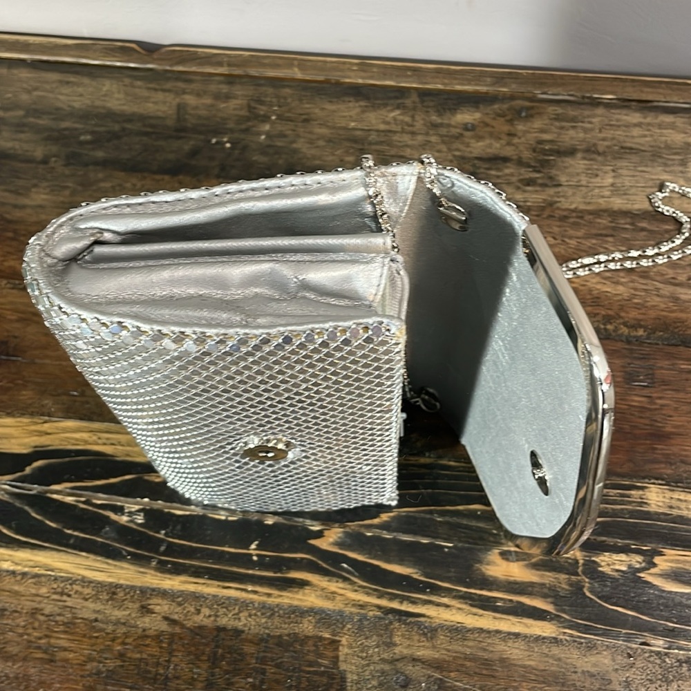 Mind Handbags Incorporated shiny silver clutch purse with chain - some staining - Picture 16 of 17